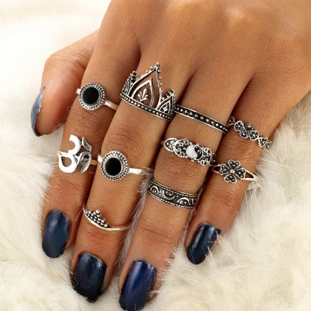 *GIADA* 10-Pc Silver x Black Gemstone Ring Set